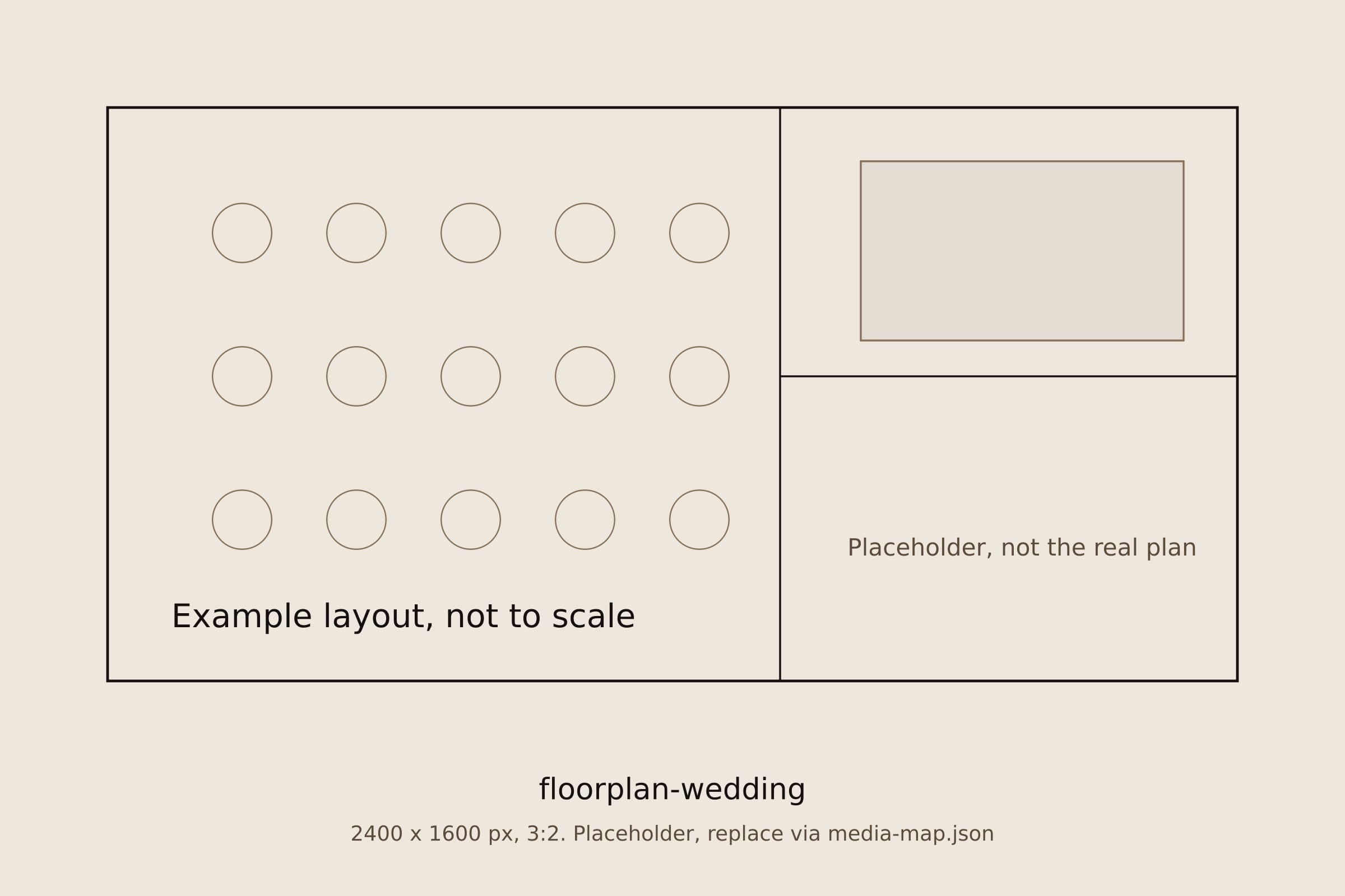 Floor plan of the ground floor with a wedding layout of round tables, dance floor and ceremony rows, placeholder image